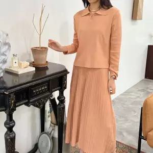 [하프클럽/]여자 투피스 언발 니트 카라티 플리츠 롱스커트 세트