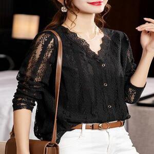 블랙 시스루 블라우스 옷 여름 셔츠 여성 펀칭 빅사이즈 브라우스 아일렛 카라 패션