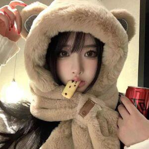 [블루마켓]겨울 곰돌이 후드 귀달이 모자 목돌이 동물 털모자 겨울모자 방한모자 귀달이모자 양털모자