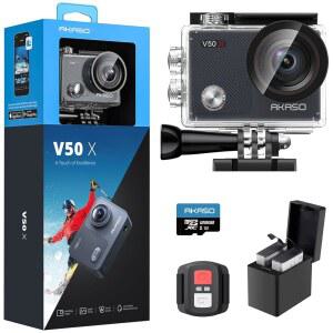 AKASO V50X 네이티브 4K30fps WiFi 액션 카메라, EIS 터치스크린 4X 줌 131피트 방수 카메라, 헬멧 액세서리 포함 외부 마이크 리모컨 지원(128GB MicroSD 카드 포함)