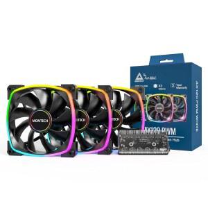 몬텍 AX 120MM - PWM 팬 사일런트 퍼포먼스 고속 1600PWM HDB 베어링이 포함된 하이엔드 내구성 멋진 아우터 링 ARGB 조명 디자인 u2013 3 in 1 팩, 6X6 허브(AX120-3in1-B)
