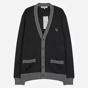 메종키츠네 5S NM00507KT1036 P199 볼드 폭스 헤드 바이컬러 가디건 블랙