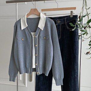 [신세계라이브쇼핑][샵앤] 여성 배색 카라 Y단추 간절기 니트 가디건 JR-WCD-4088-그레이