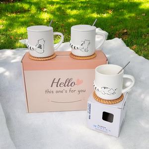 귀여운 냥냥이 머그컵 2p 선물세트 [ 커플 결혼 돌잔치 답례품 집들이 신혼부부 선물 기념일 머그잔 홈카페 도자기 뭉툭 센스있는 특별한 귀여운 예쁜 카페 머]