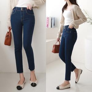 여성 S-XL 테슬 투버튼 하이웨스트 뒷밴딩 스판 스키니 청바지 슬림 데님 팬츠 -WPN0191- 봄 가을
