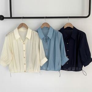 [샵앤] 여성 카라넥 밑단스트링 시원한 7부소매 루즈핏 블라우스 셔츠 CAT-WBL-4353