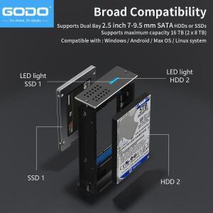 [보호보관용]GODO 2.5인치 듀얼 베이 RAID 하드 드라이브 인클로저 모든 알루미늄 합금 소재 USB3.0 ~ 2.5