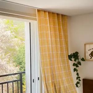 버터 노랑 체크 가리개 커튼