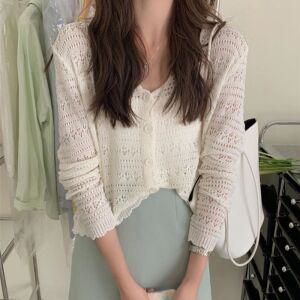 살안타템 여성 여름 시스루 펀칭 레이스 휴양지 긴팔 얇은 니트 가디건 CH269