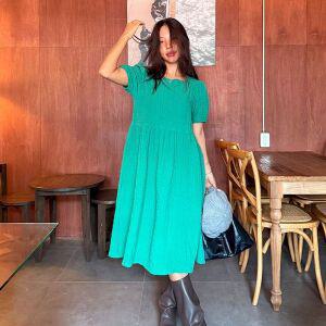 [옷자락]여자 여름 지지미 스퀘어넥 리본 휴양지룩 롱원피스_P399849041