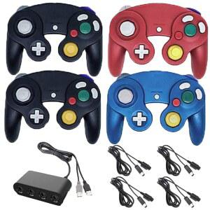 EaJ 4 포트 USB 어댑터와 코드 세트가 된 유선 게임큐브 컨트롤러 4팩 스위치 Wii U 콘솔 PC 블랙 레드 블루