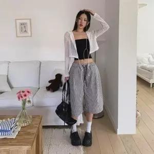 [다잇템] 여성 줄지 잔잔 넓은 스트랩 고무줄 캐쥬얼 반바지_21549704_588872