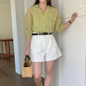 [VY] 여자 초록색 비침 무지남방 자켓형 여름긴팔 셔츠_13735198_588847