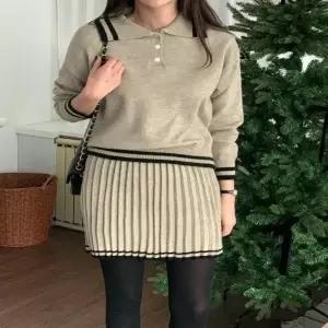 [VY] 여자 치마 헨리넥니트 겨울셋업 배색카라 쁘띠 세트_15878514_588847