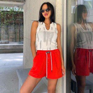 [VY] 여자 파란색 워터밤 빨간 트랙쇼츠 고무줄 트랙수트 반바지_17164309_588847