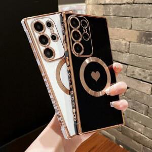 갤럭시 S25 S24 S23 S22 S21 플러스 울트라 S20 FE 자기 무선 충전 커버에 대한 도금 러블리 하트 소프트 케이스 DS-SG