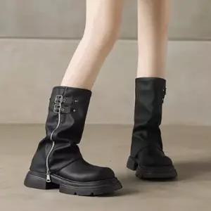 더구두 청키 버클 스트랩 레그워머 통굽 미들부츠 롱부츠(5cm)-2572