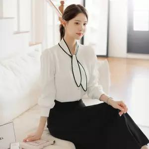 [시크라인] (~XXL까지) 프레노 배색 타이넥 퍼프소매 블라우스 가을 하객룩 오피스룩 모임룩 격식룩 빅사이즈