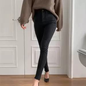 여성 딱붙는 슬림핏 가을겨울 검정 컷팅기모 스키니진_4