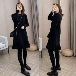 여자 겨울 데일리 밑단프릴 블랙 니트 원피스_4