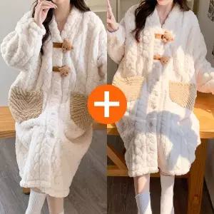 [TOPS KOREA]1+1 극세사 여성 곰돌이 수면 겨울 원피스 파자마 잠옷 빅사이즈 임산부 홈웨어 가운