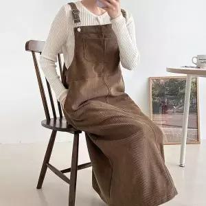 [다잇템]여자 골덴멜빵 박시핏 주머니 슬릿 롱원피스_P408756788