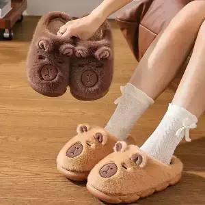 [리브나인] 따뜻한 방한용 귀여운 카피바라 코튼 블로퍼 털 슬리퍼 (220-270mm)