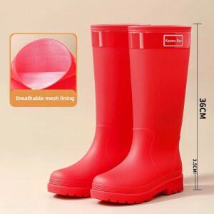 PVC 레드 롱 여성 레인부츠 패셔너블한 니하이 워터 부츠 편안한 낮은 굽 성인용 솔리드 컬러 슈즈