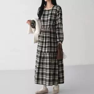 [피핀] 체크 캉캉 롱 원피스 #38855