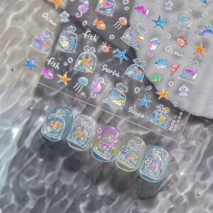 여성 소녀 네일 데칼 3D 입체 바다 물고기 네일 스티커 귀여운 불가사리 접착 네일 스티커 DIY 여름 네일