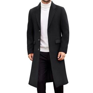 COOFANDY 남성 트렌치코트 롱 캐주얼 싱글 브레스트 오버코트 겨울 노치 칼라 울 블렌드 완두콩 코트 주머니 포함