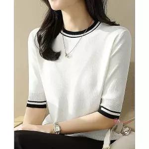 니트티 얇은 여성 반팔 라운드 여름 칠부 흰색 썸머 정장 오피스룩 출근룩opq600