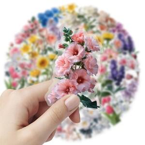 50개 생생한 꽃 스티커 다양한 꽃무늬 데칼 재사용 가능한 비닐 DIY 휴대폰 케이스, 여행 가방 및 노트북에