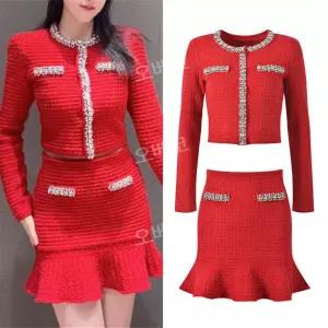 하객룩셋업 투피스세트 레드 니트가디건 상하의 슬림핏