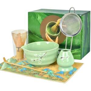 말차 거품기 세트, 볼, 및 홀더가 포함된 세라믹 세트 7개, 대나무 스쿱, 스쿱 휴식, 체 티 타월(녹색)