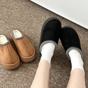 데이룸 여성 스티치 통굽 스웨이드 털 슬리퍼 겨울 퍼 실내화 방한 슬리퍼