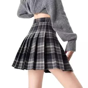 여성 가을 겨울 체크 모직 미니스커트 심플 편한 일상 플리츠 스커트 슬림소녀