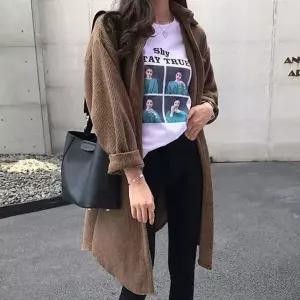 [하프클럽/]우먼 배색컬러 골덴소재 골덴 롱라인 드레스셔츠 변환기프리미