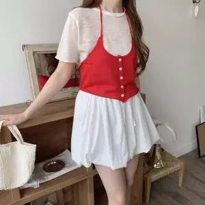 [하프클럽/]여자 홀터넥 숏 뷔스티에 시스루 반팔티 세트