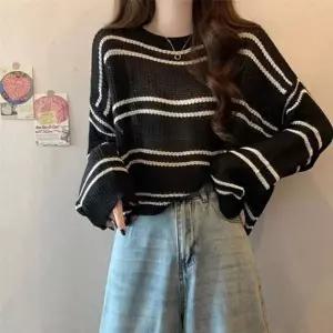 [하프클럽/]시스루 그물 데일리 스트라이프 크롭 클래식 니트 바