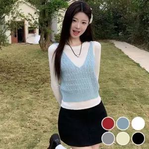 [하프클럽/]망사 세미크롭 기장 펀치디테일스웨터 패딩베스트 머스트해브