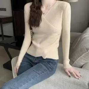 [하프클럽/]여성 랩 골지 언발 롱슬리브 V넥 니트