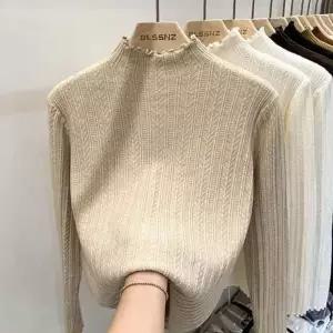 [하프클럽/]레이디 주름 세미터틀 레이스소재 룩 풀오버 롱슬리브 티 라운