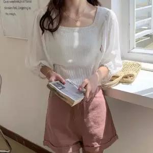 [하프클럽/]사각넥 시폰 슬리브하프티 뜨개탑 올데이 강조 니트립 포인트쉬