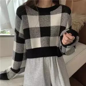 [하프클럽/]레이디스모던한 베이직 그리드패턴 무늬 오텀 세미크롭 티