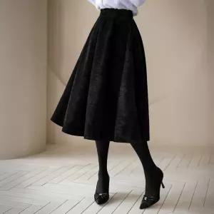 [시크라인] (~XXL까지) 티렌나 뒷밴딩 플레어 벨벳 스커트 겨울 하객룩 오피스룩 모임룩 격식룩 연말룩 빅사이즈