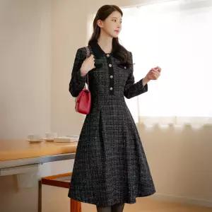 [시크라인] (~XXL까지) 아즈웰 트위드 배색 플레어 원피스 겨울 하객룩 오피스룩 모임룩 격식룩 연말룩 빅사이즈