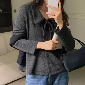 핫핑 [보온+내구성UP] 유본 레이스 카라 밑단프릴 리본 니트지 가디건 블라우스