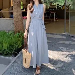 [다잇템] 여자 허리 스트랩 롱 오버랩 슬리브리스 브이넥 원피스_23921044_588872