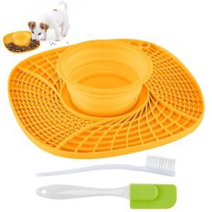 OFCASA 흡입 컵이 있는 작은 개와 고양이를 위한 핥기 매트, 접을 수 그릇이 실리콘 슬로우 피더 패드, 목욕 그루밍 트리밍을 애완동물 퍼즐 간식 매트 (노란색)